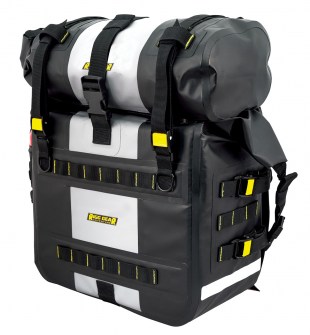 Photo of Hurricane 10L Roll bag mounted on Hurricane Adventure saddlebag on white background